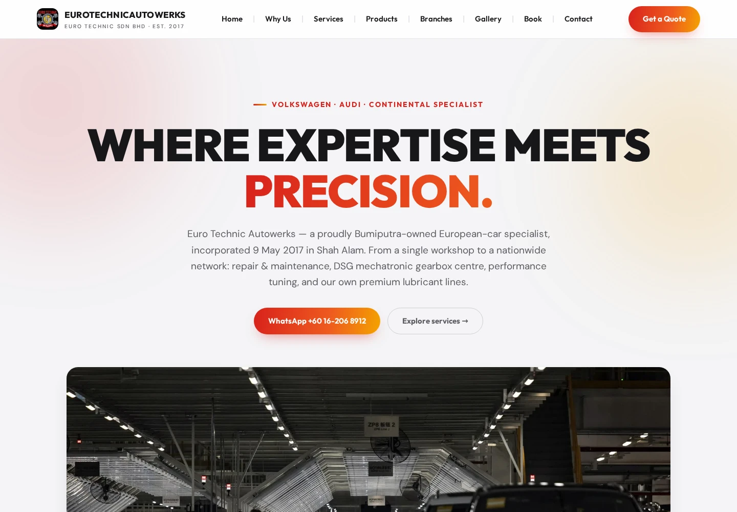 EuroTechnic Autowerks website with bold precision headline and European car workshop imagery