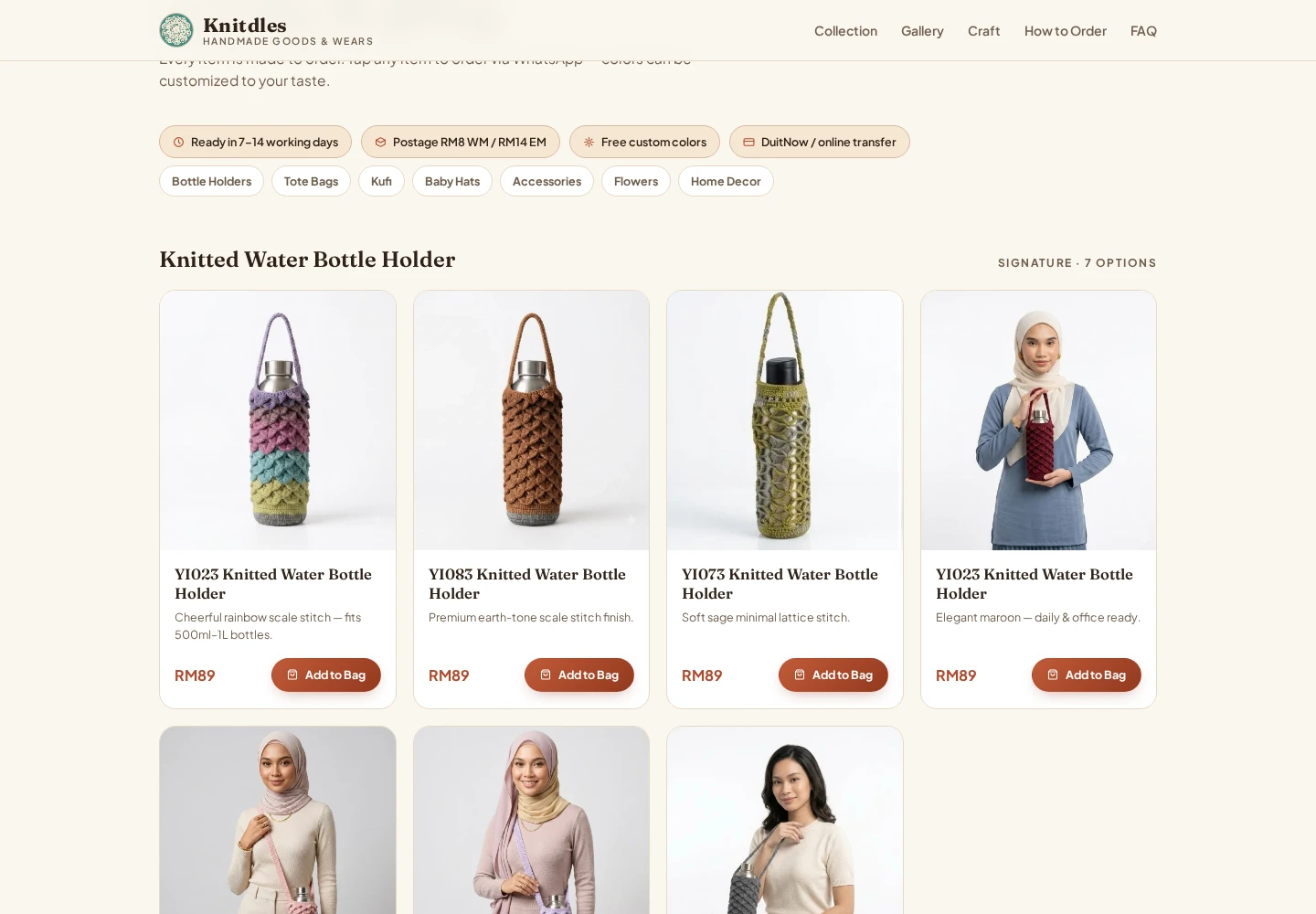Knitdles website collection displaying colourful handmade knitted water bottle holders