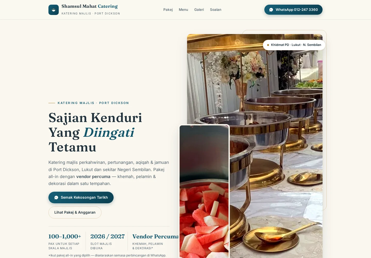 Shamsul Mahat Catering preview website with wedding buffet imagery and package information in Malay