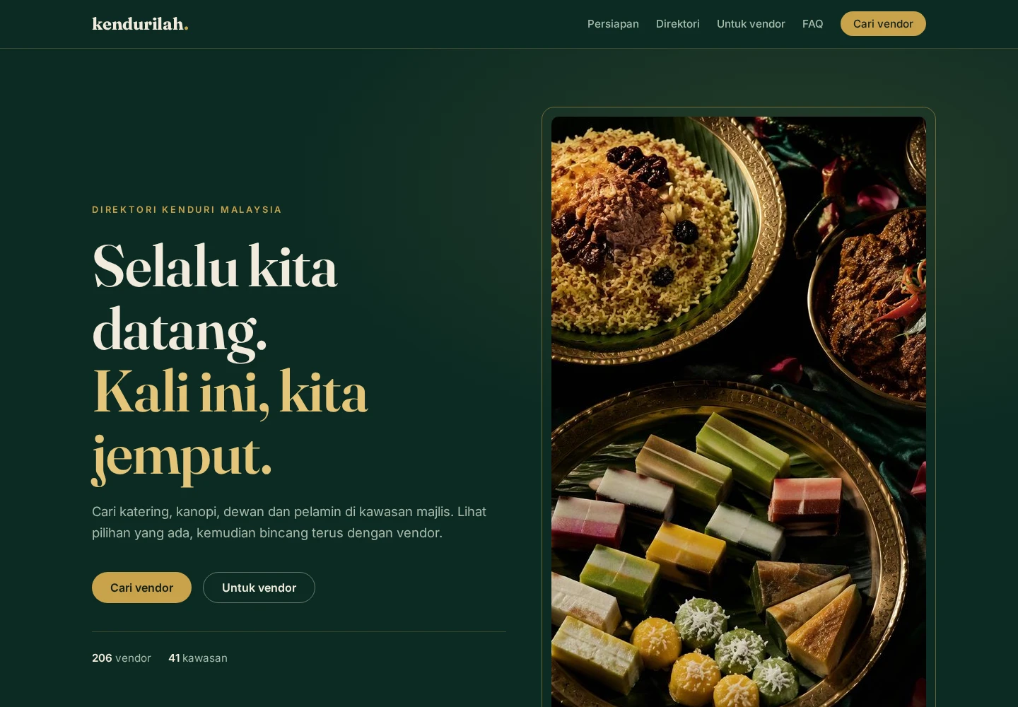Kendurilah directory website with a Malay headline, festive kenduri food imagery and vendor counts