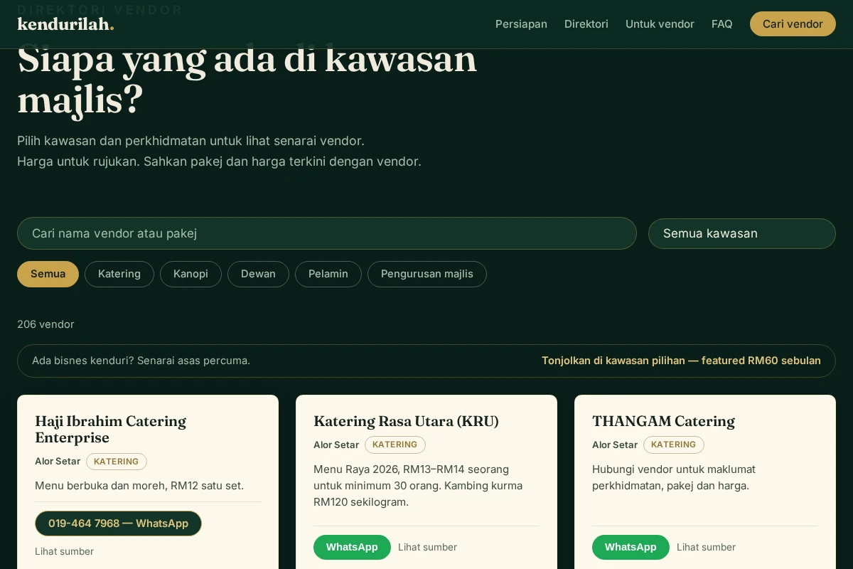 Kendurilah directory listing cards with town and category tags, package snippets and WhatsApp contact buttons, one with its number revealed