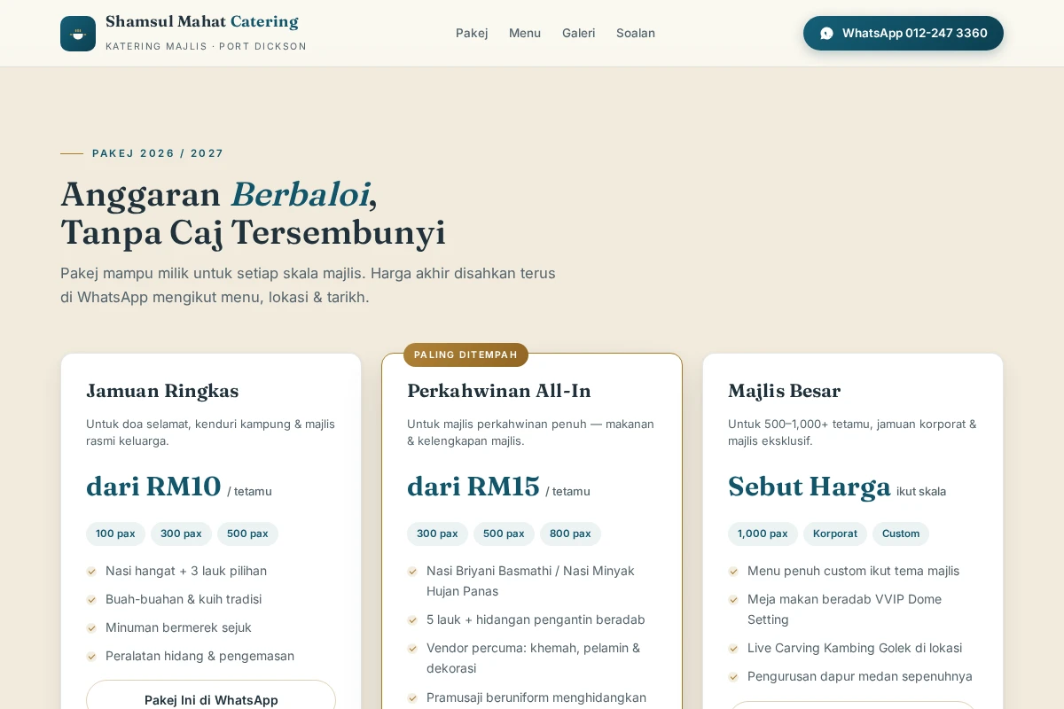 Shamsul Mahat Catering package cards with per-guest pricing and pax options